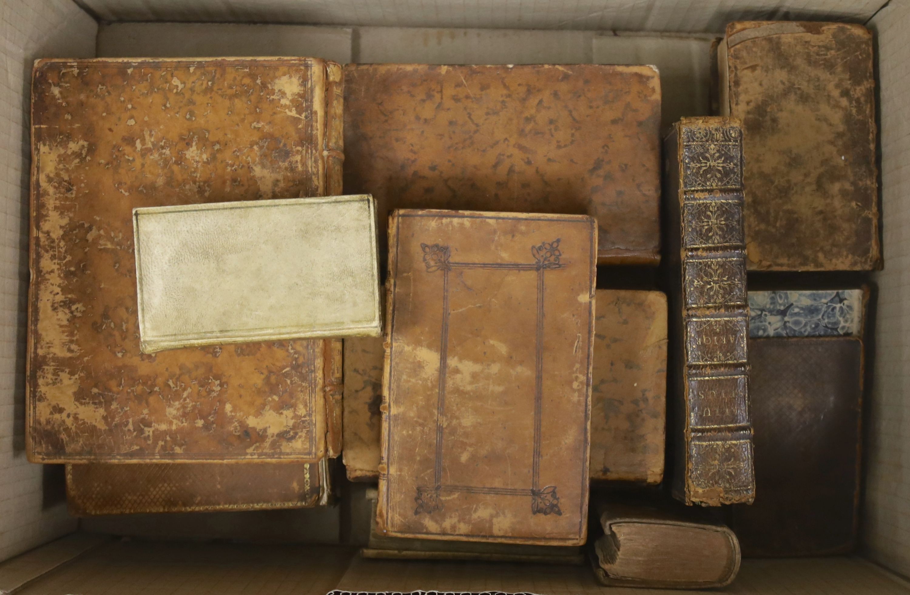 Old Leather- mainly Greek and Latin texts, 17th and 18th century, includes Ennius, Poetae Vetustissimi Fragmenta. (Amsterdam, 1707); Lipsius, Politicorum sive Civilis Doctrinae Vesalie Clivorum (1671); and 14 others, sol